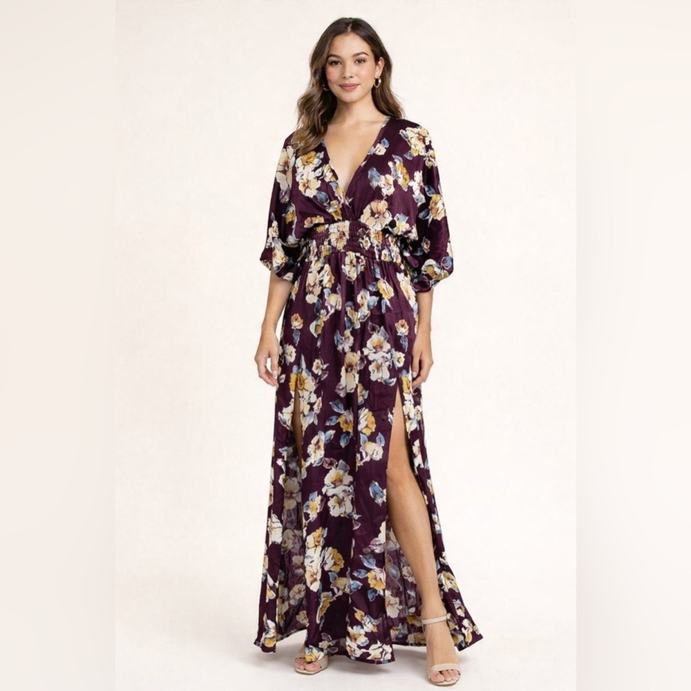 She + Sky Burgundy Floral Maxi Dress Size Small